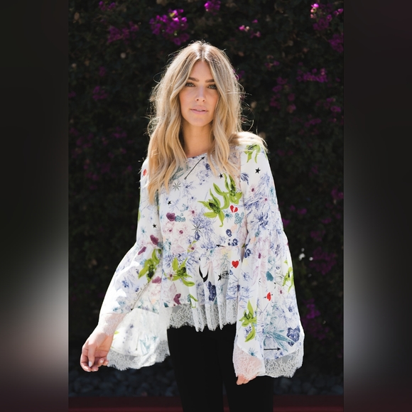 Cinq a Sept 5a7 Avalon Floral-Print Silk Top Blouse with Lace - Picture 1 of 7